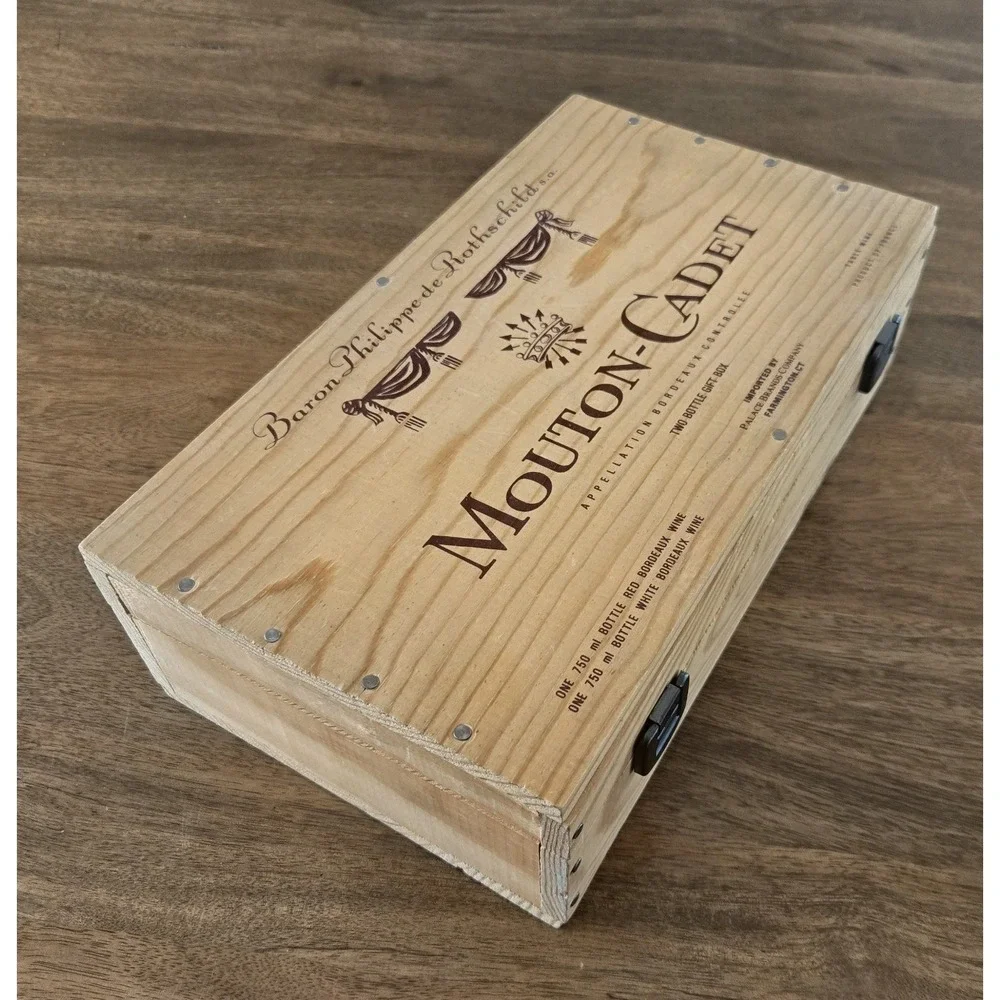 VTG Mouton-Cadet Wood 2 Bottle Wine Gift Box - France - Excellent Used Condition